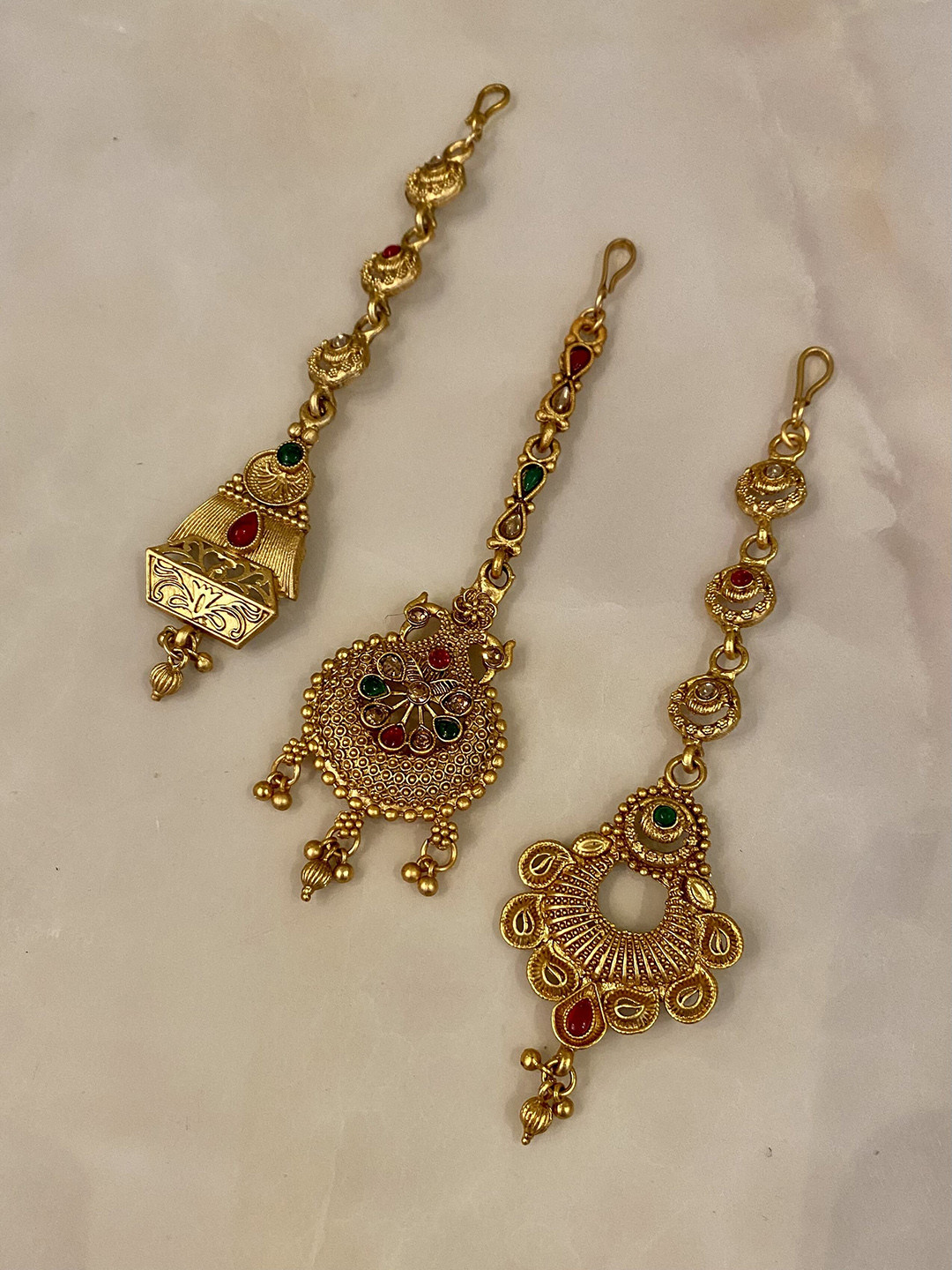 ATIBELLE Set Of 3 Gold-Plated Stone Studded and Beaded MagaTikkas Head Jewellery