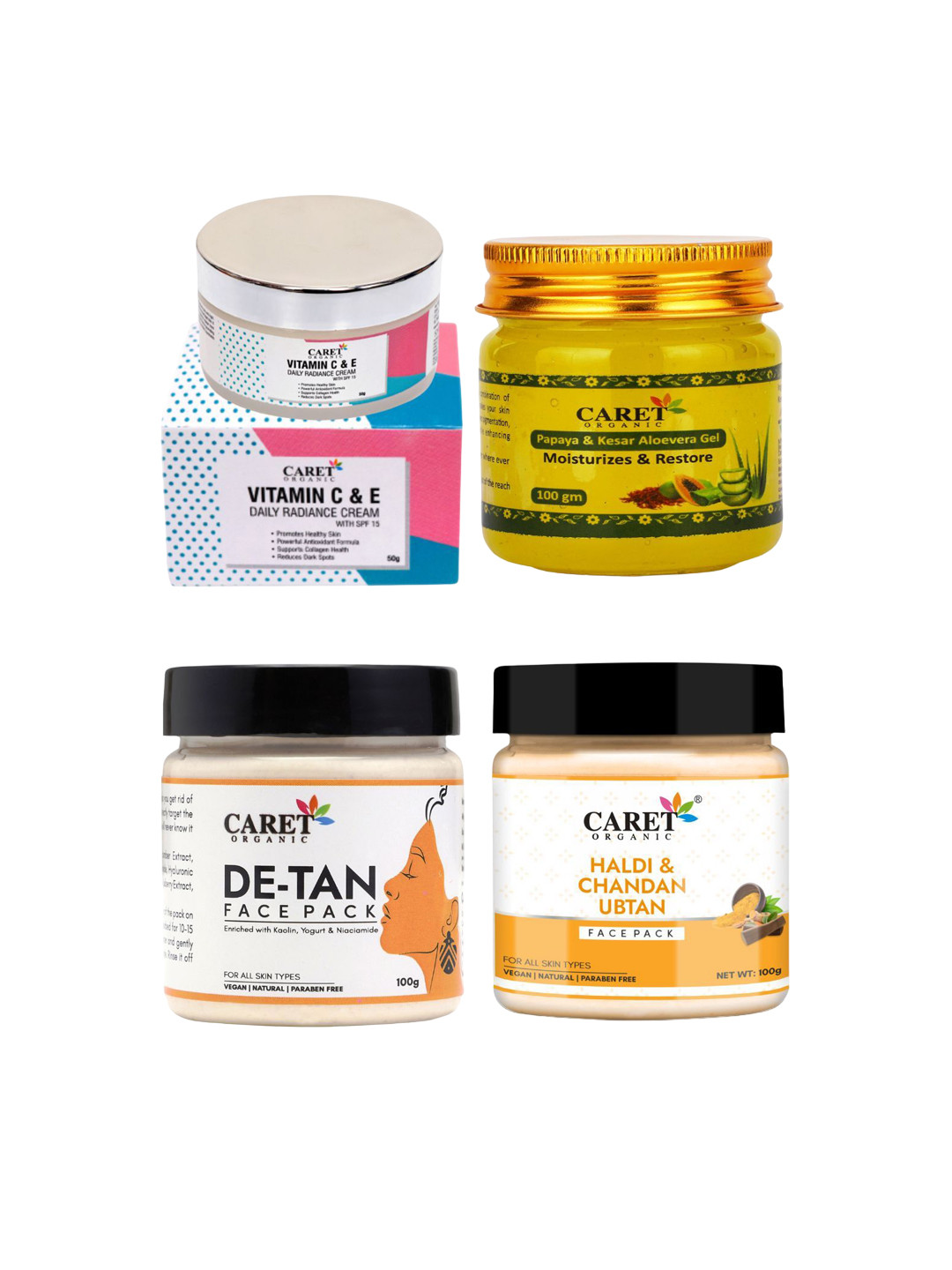 CARET ORGANIC 4Pcs Daily Cream + De-Tan Face Pack + Aloevera Gel + Haldi Chandan Ubtan