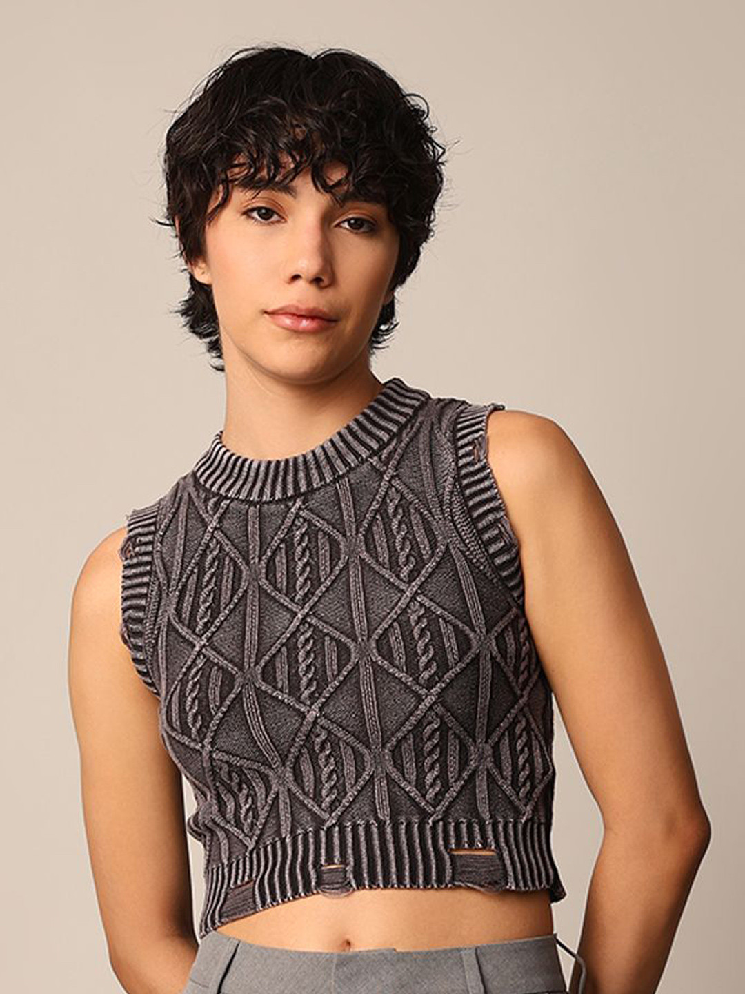 ONLY Fringed Women Self Design Fringed Tank Crop Top