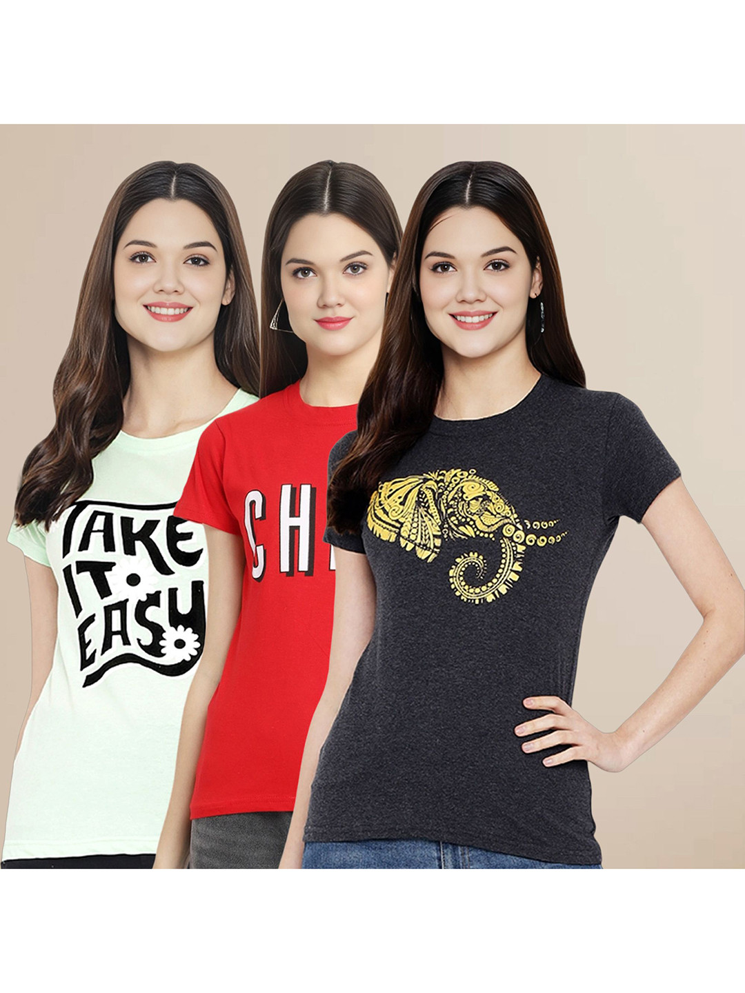 Metronaut Women Pack Of 3 Typography Printed Round Neck Cotton T-shirts