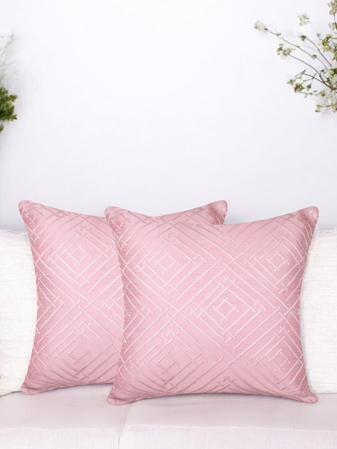 Vendola Pink and White 2 Pieces Geometric Printed Jacquard Square Cushion Covers