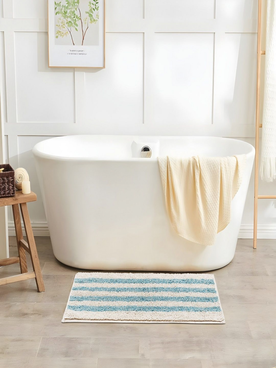 CAZIMO Blue & White Striped Pure Cotton Bath Rug