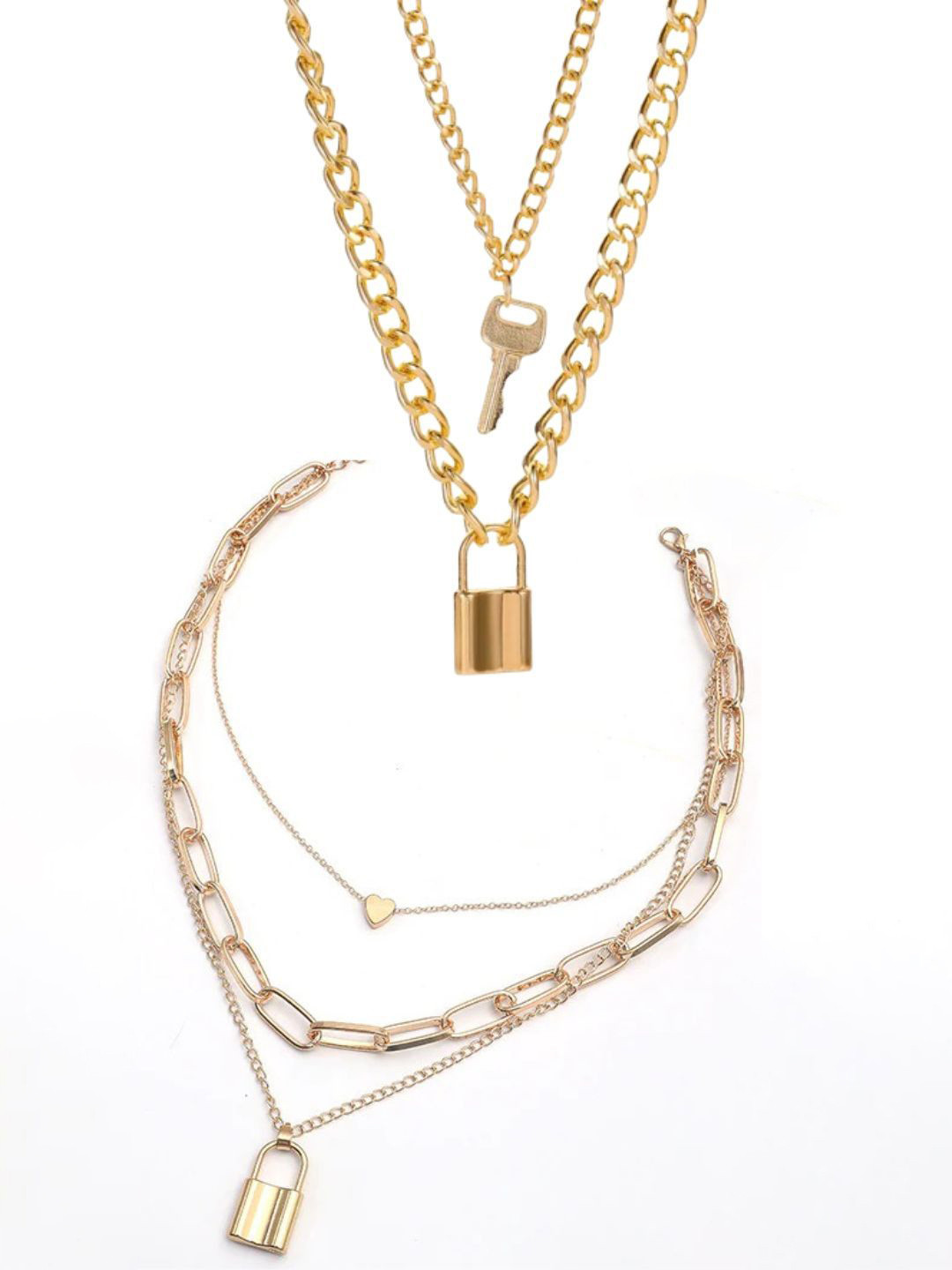 Pinapes Unisex Set of 2 Gold-Plated Layered Lock and Key Minimal Necklaces