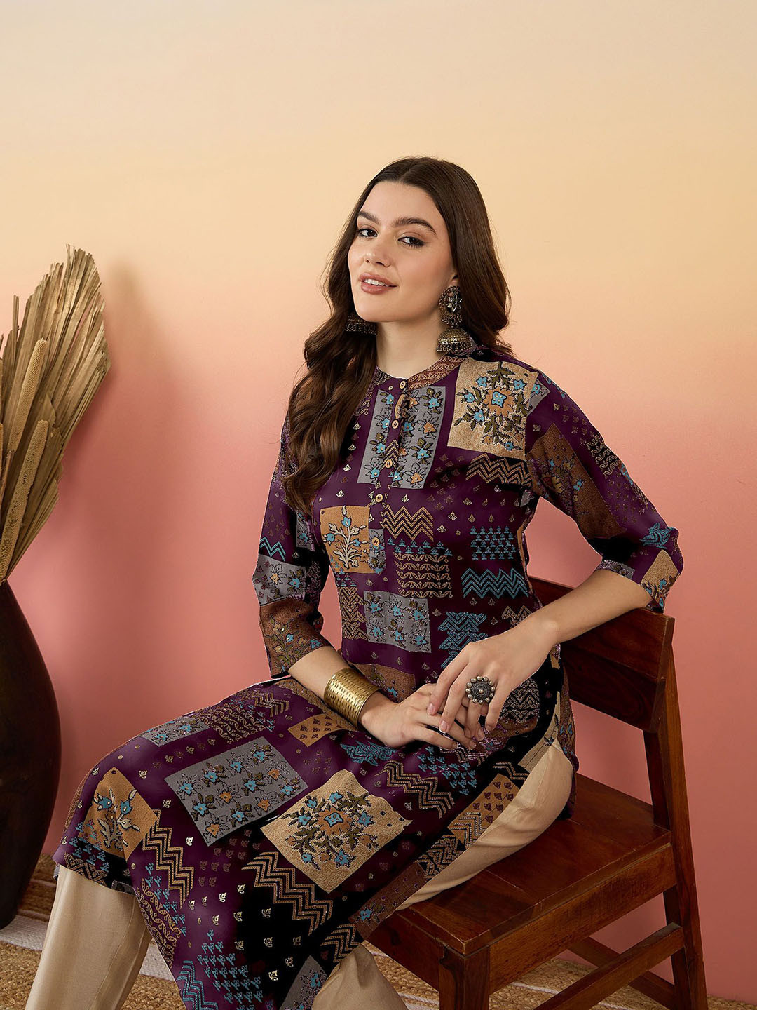 Anouk Purple and Blue Band Collar Floral Printed Straight Kurta