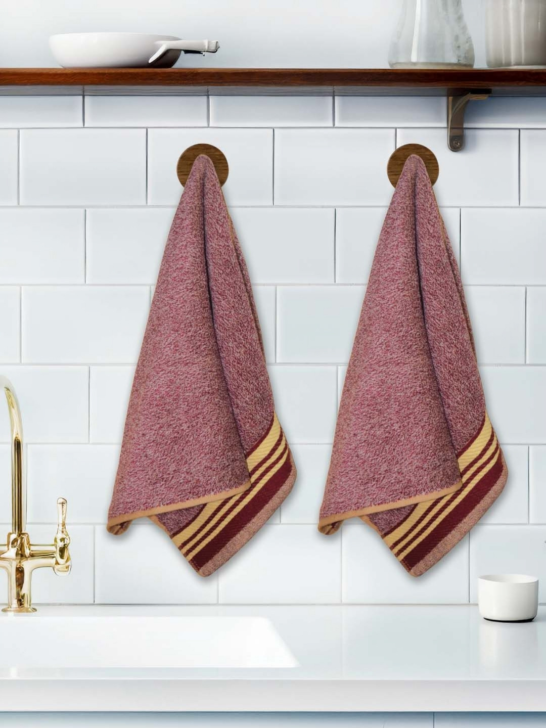 Athom Living Milange Brown & Maroon 2 Pieces Printed Pure Cotton Hand Towels