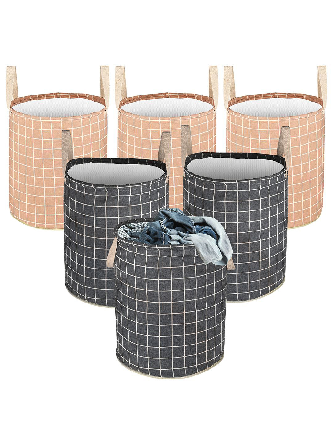 Kuber Industries Grey & Brown 6 Pieces Checked Cotton Foldable Laundry Bags 60 L Each