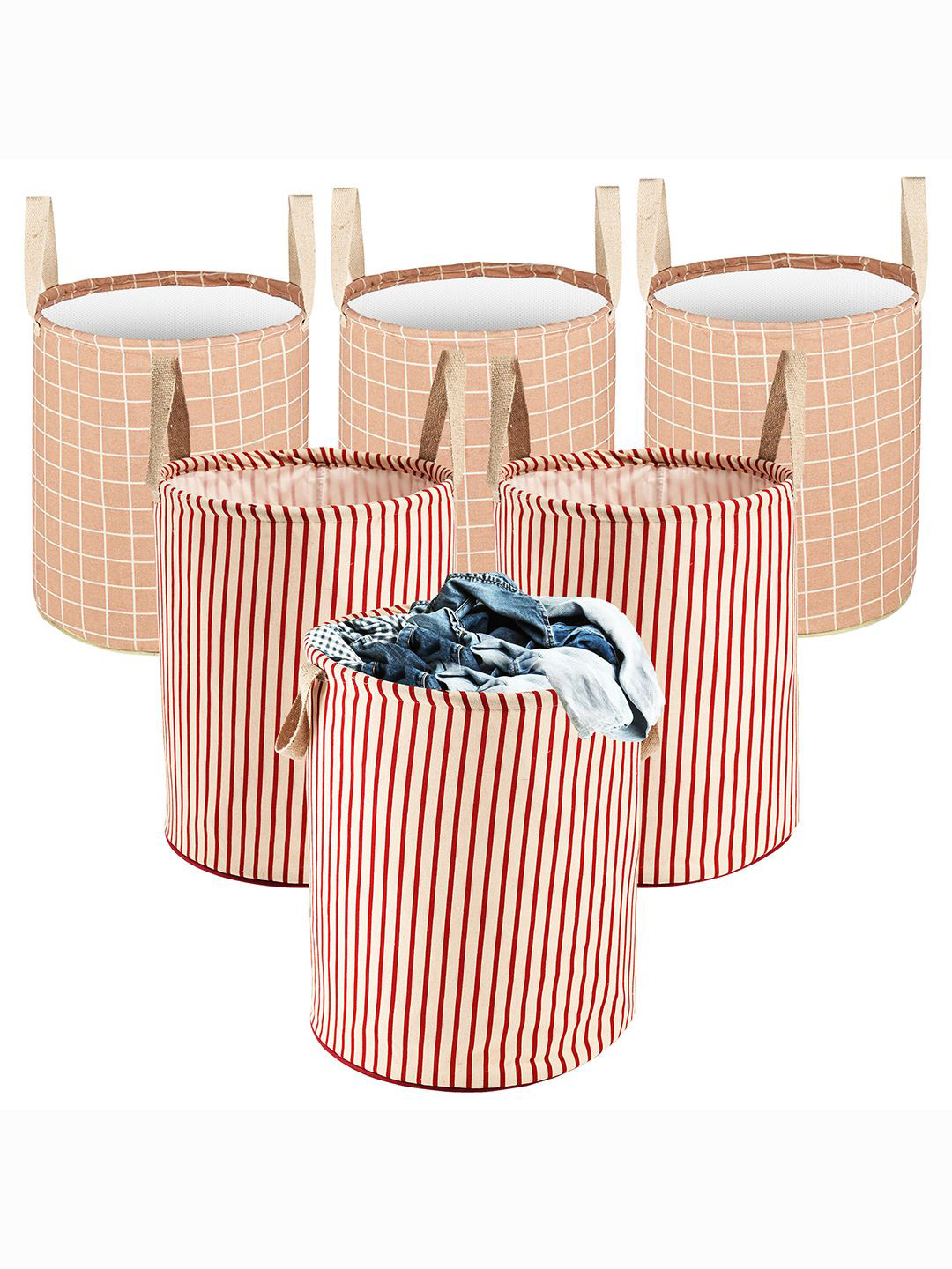 Kuber Industries Maroon & Brown 6 Pieces Checked Foldable Cotton Laundry Bags 60 L Each