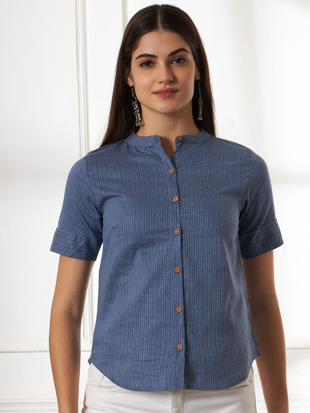 Anouk Rustic Women Vertical Stripes Striped Cotton Shirt Style Top