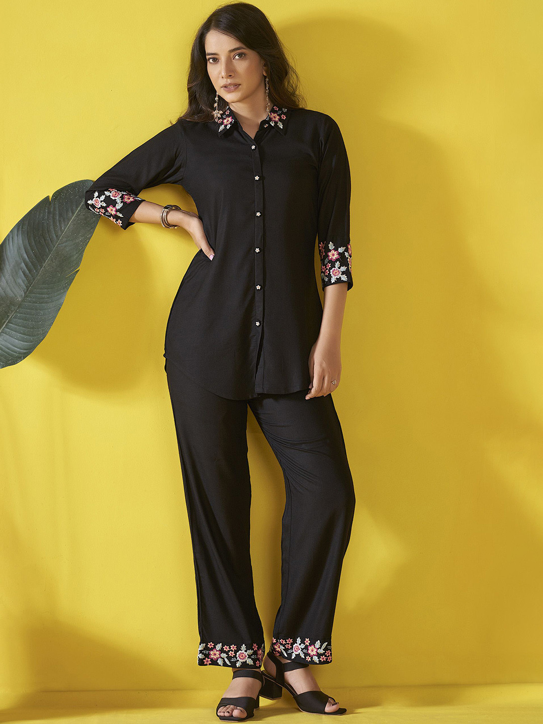 Anouk Black and Pink Embroidered Liva Shirt & Trouser