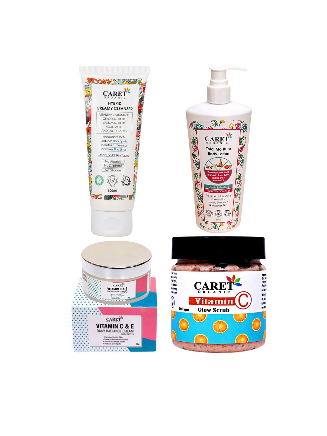 CARET ORGANIC Face Wash + Radiance Cream + Body Lotion + Vitamin C Glow Scrub Combo