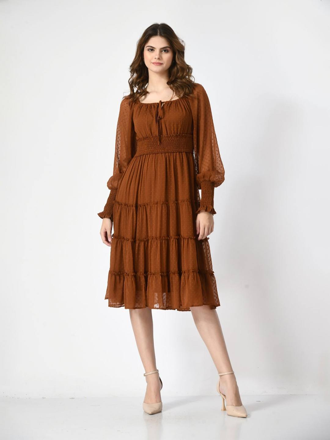 Fuchsia Women Puff Sleeve Halter Neck A-Line Dress