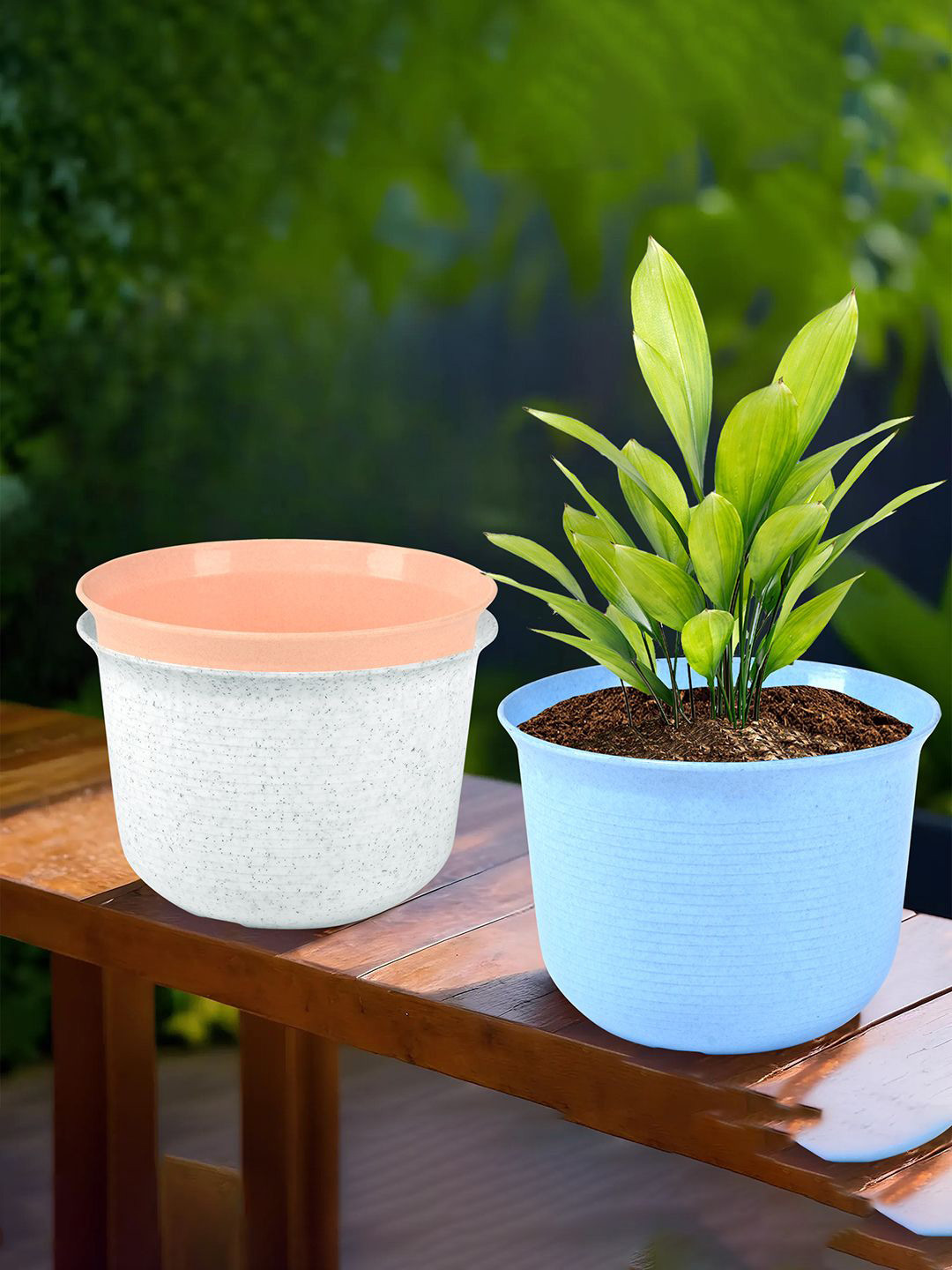 Kuber Industries Blue & White 3 Pieces Sawera Colored Planters With Plate