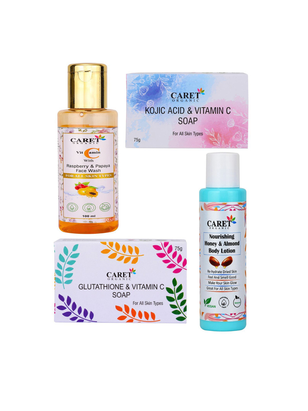 CARET ORGANIC Set of 4 Face Wash, Kojic Acid Soap, Honey Lotion & Glutathione Soap