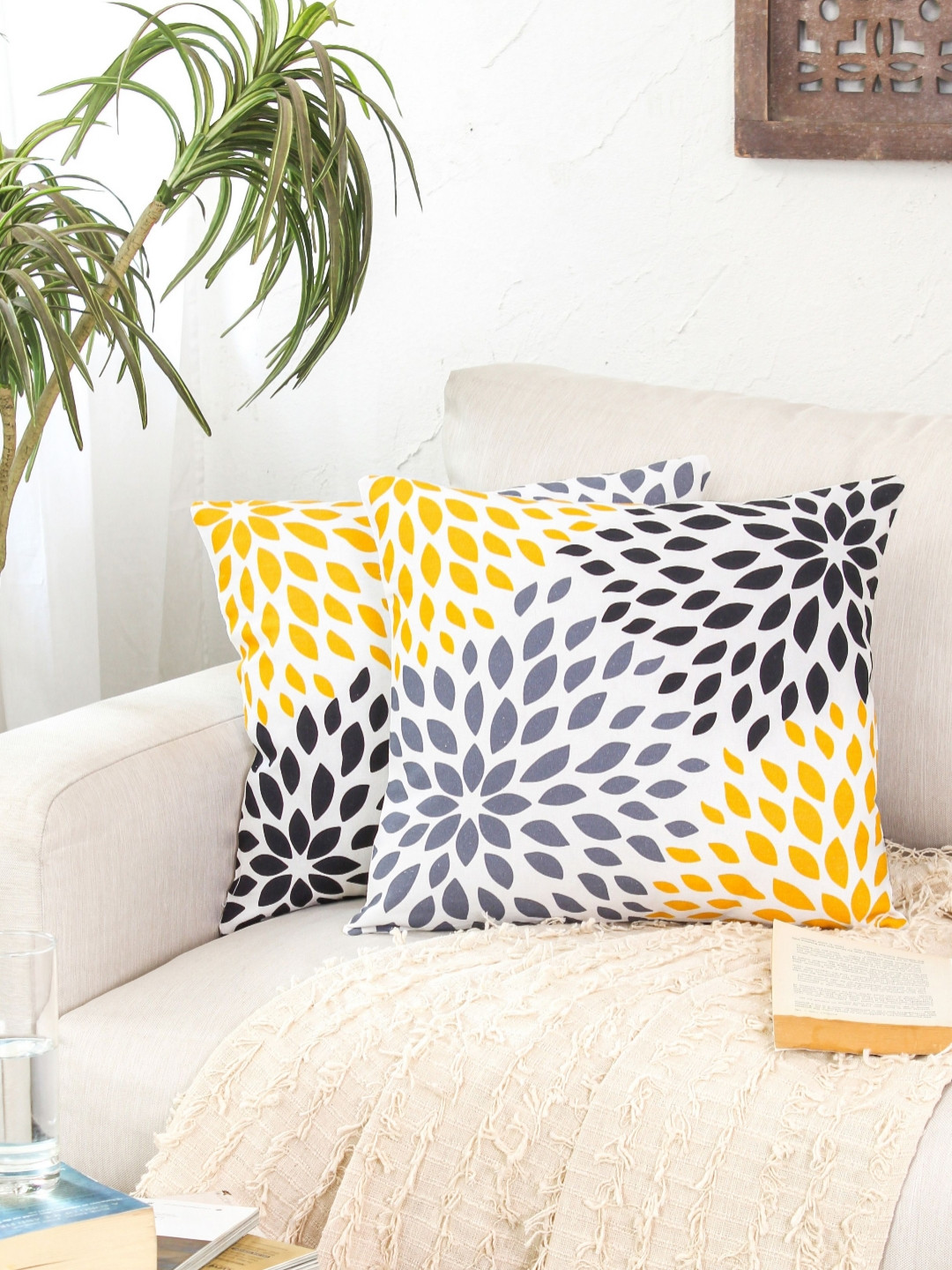 HOMPRIN Sunshine Blooms Floral Cotton 2 Pcs Square Cushion Covers - 15.7 x 15.7 In