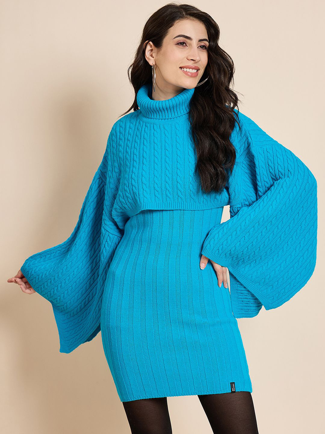 CREATIVE LINE Women Cape Sleeves Ribbed Layered Cable Knit Sweater Dress