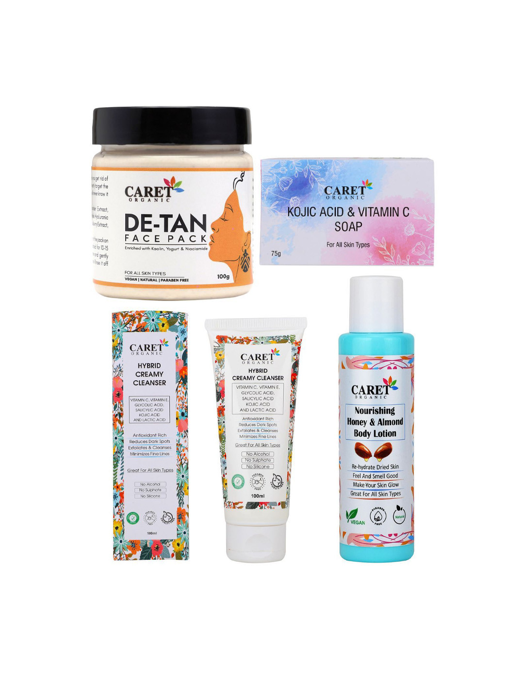 CARET ORGANIC Set of 4 Face Pack, Kojic Acid Soap, Hybrid Face Wash & Almond Body Lotion
