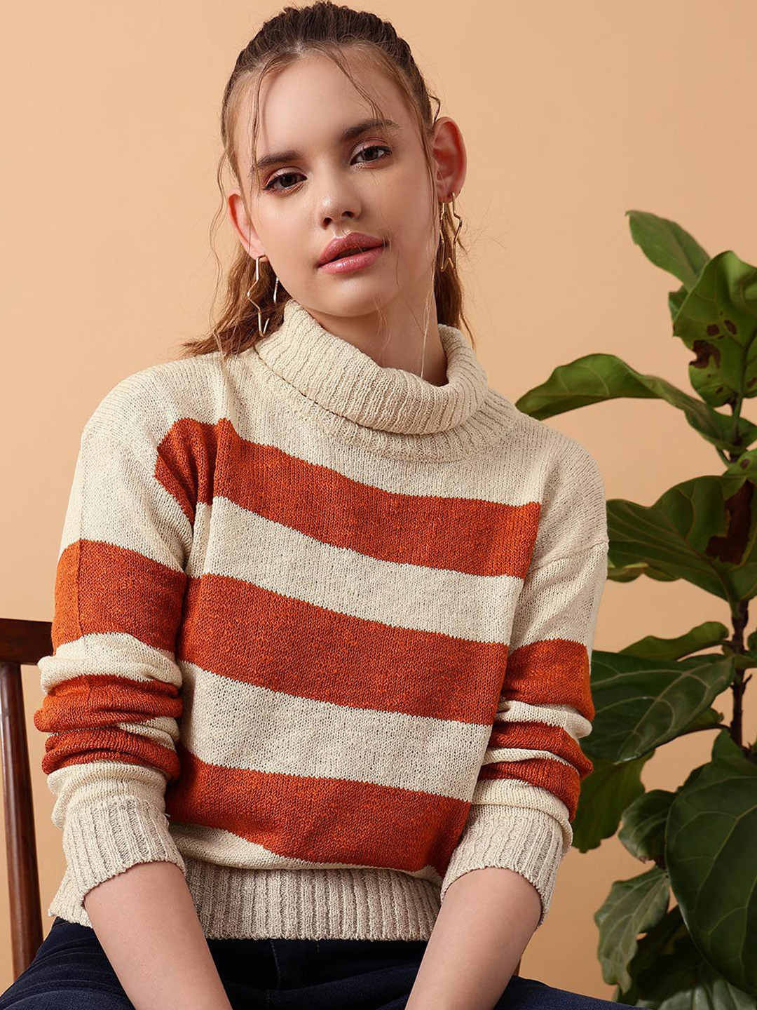 Kotty Women Cotton Striped Turtle Neck Long Sleeves Pullover Sweaters