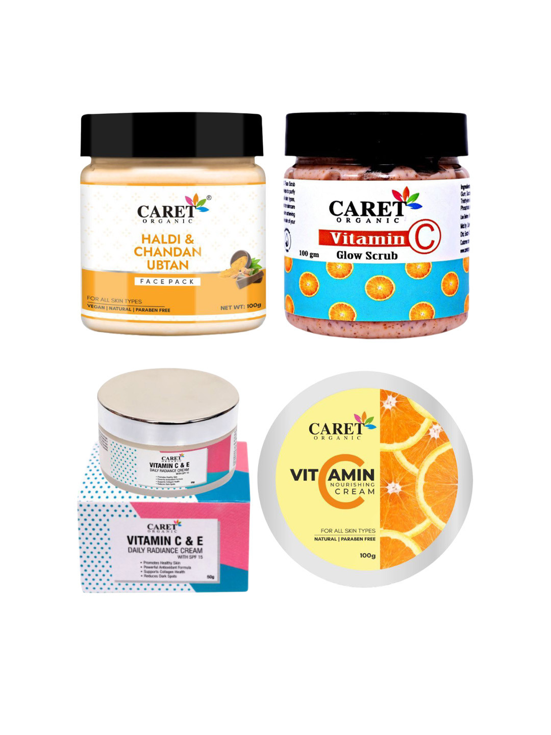 CARET ORGANIC Set Of 4  Face Pack- 100 g- Glow Scrub- 100 g-Cream- 50 g & 100 g