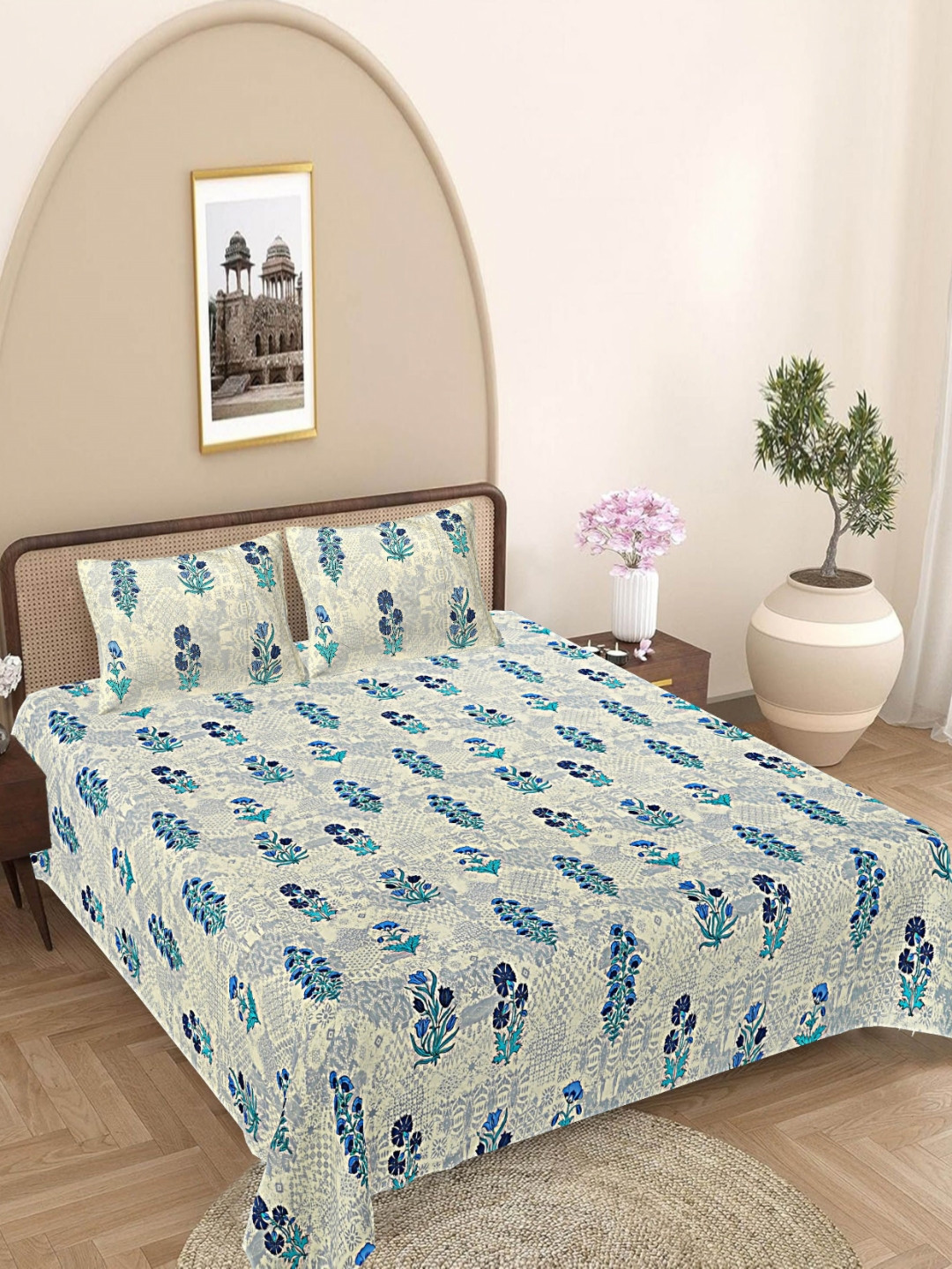 FrionKandy Living Turquoise Blue Floral Cotton 180 TC Super King Fine Bedsheet with 2 Pillow Covers-106 x 108 inches