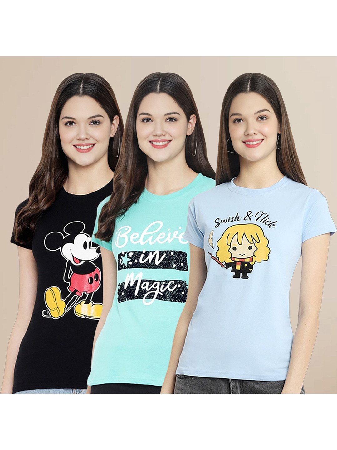 Metronaut Women Pack Of 3 Typography Printed Round Neck Cotton Mickey Mouse T-shirts