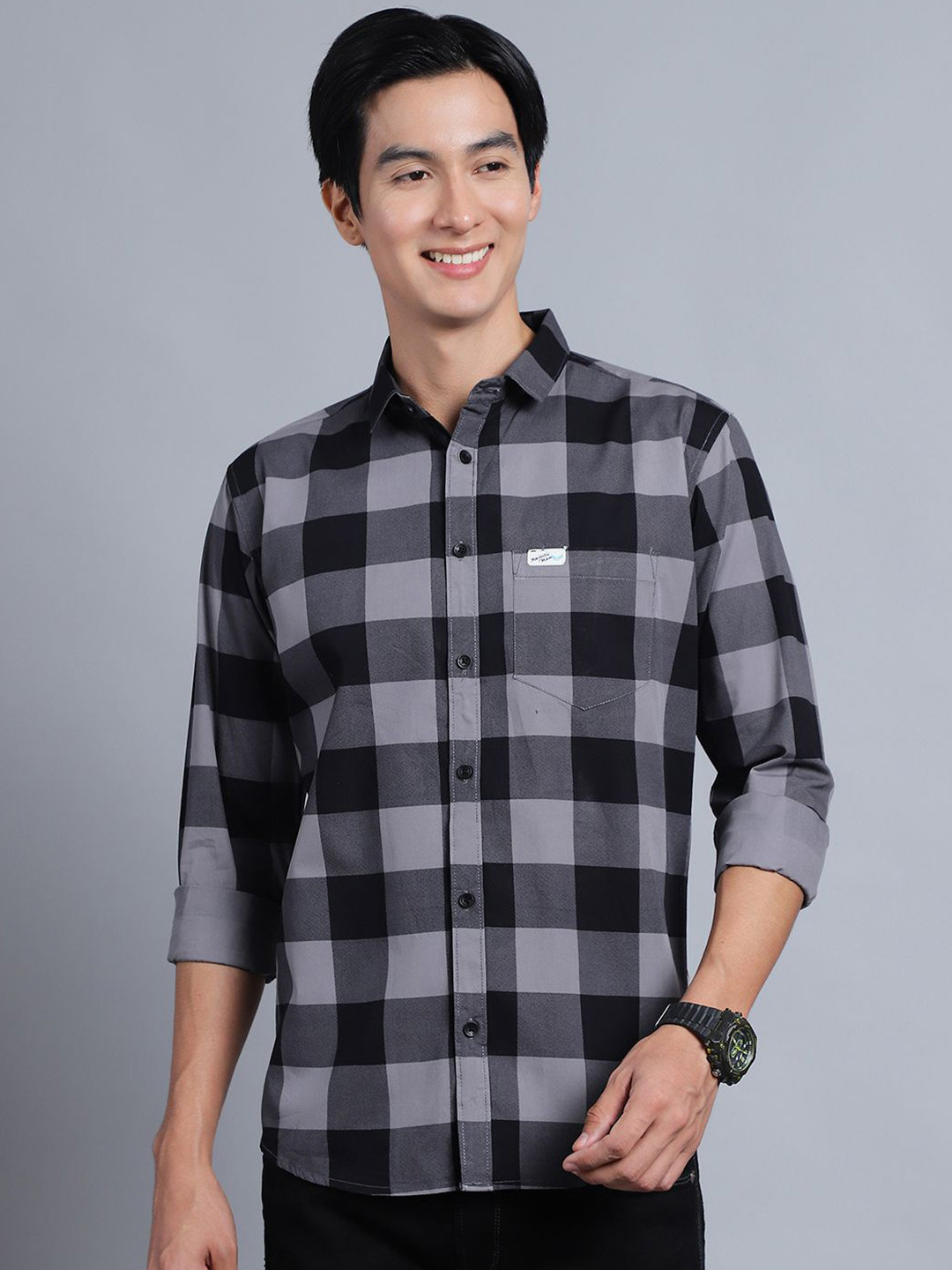 Majestic Man Men Comfort Spread Collar Buffalo Checked Cotton Slim Fit Casual Shirt