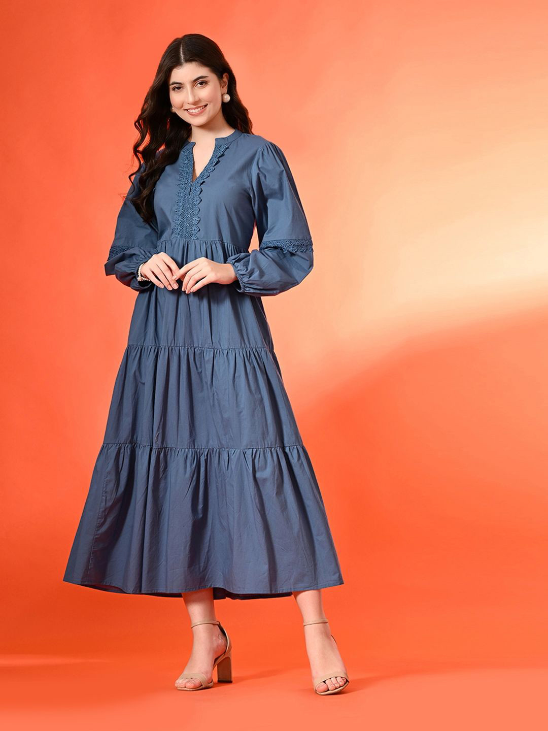 Fuchsia Cotton Lace-Up V-Neck Bishop Sleeves Fit and Flare Tiered Midi Dress