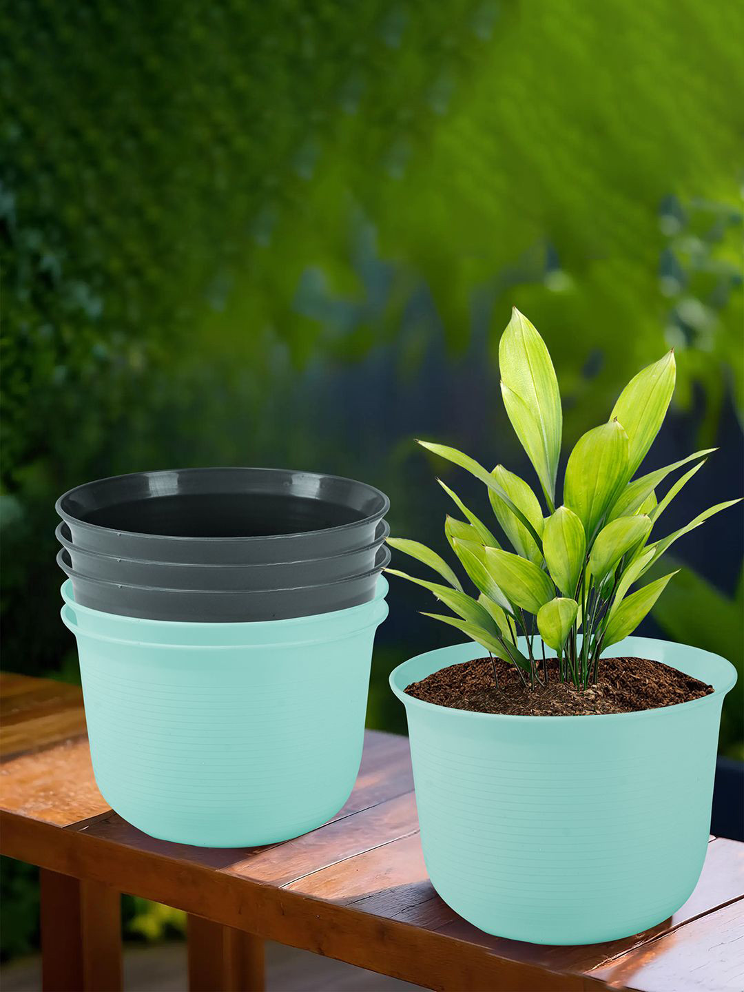 Kuber Industries Sky Blue & Grey 6 Pieces Striped Pots With Plates
