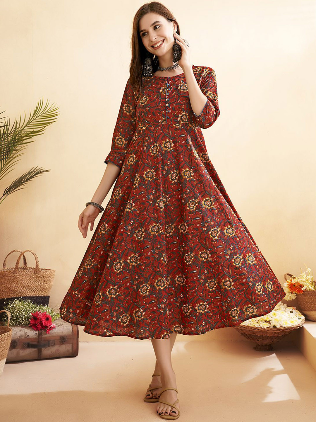 Anouk Red and Beige Round Neck Floral Printed Fit and Flare Cotton Ethnic Dress
