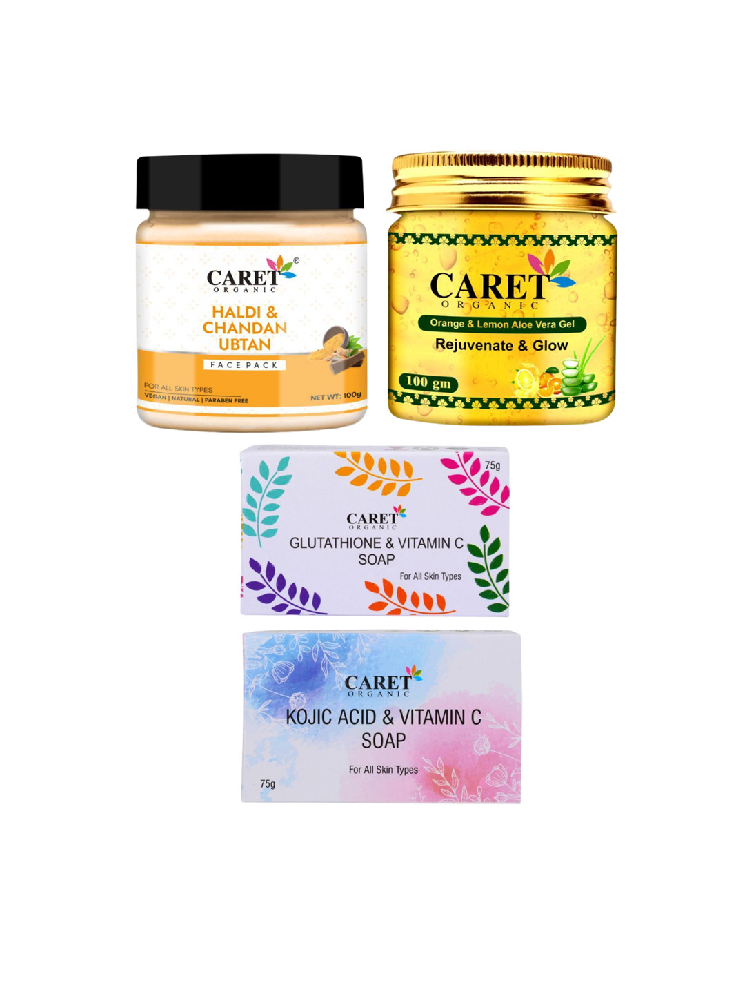 CARET ORGANIC Set of 4 Haldi Chandan, Kojic Acid & Glutathione Soap, Lemon Aloevera Gel
