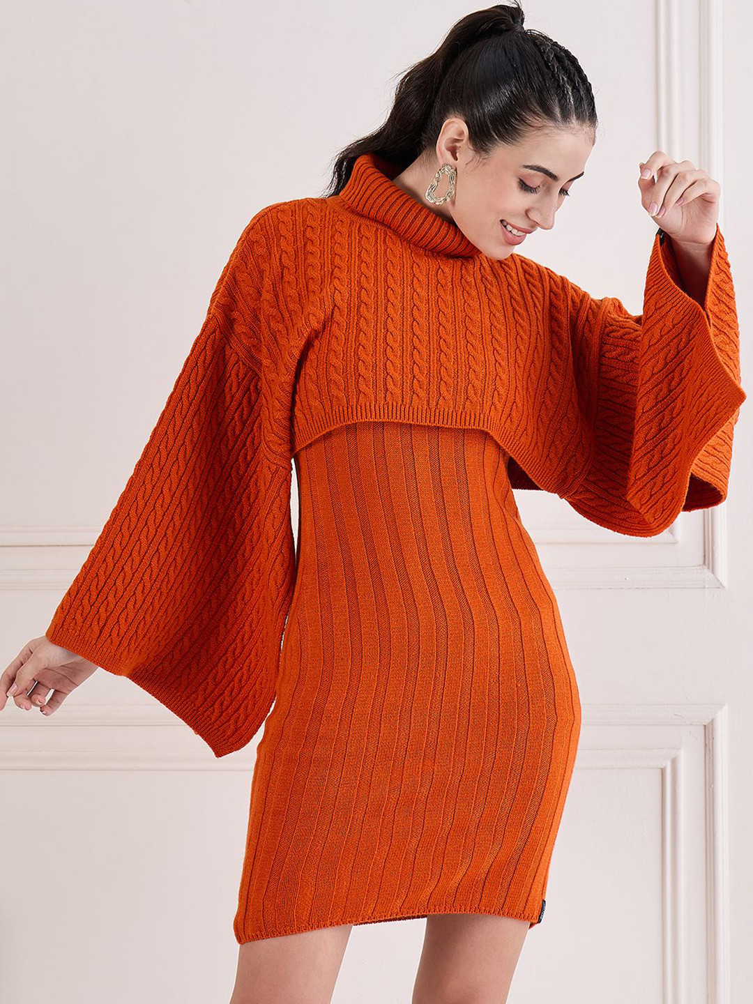 CREATIVE LINE Women Cape Sleeve Cable Knit Sweater Dress