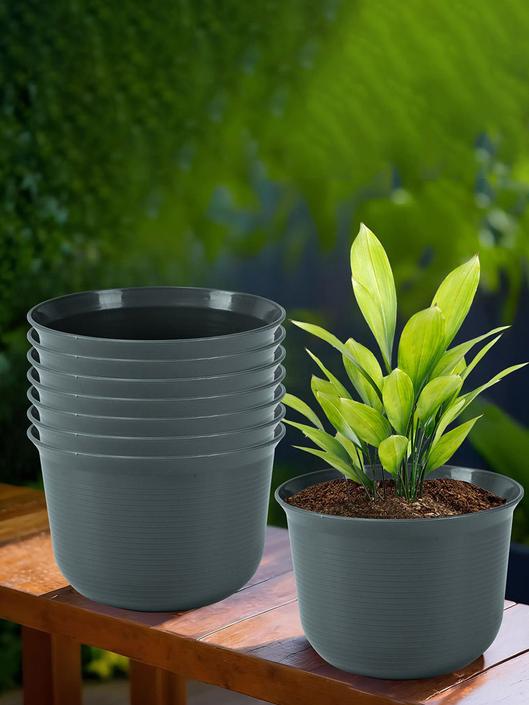 Kuber Industries Sawera Grey 8 Pieces Textured Planters With Plates