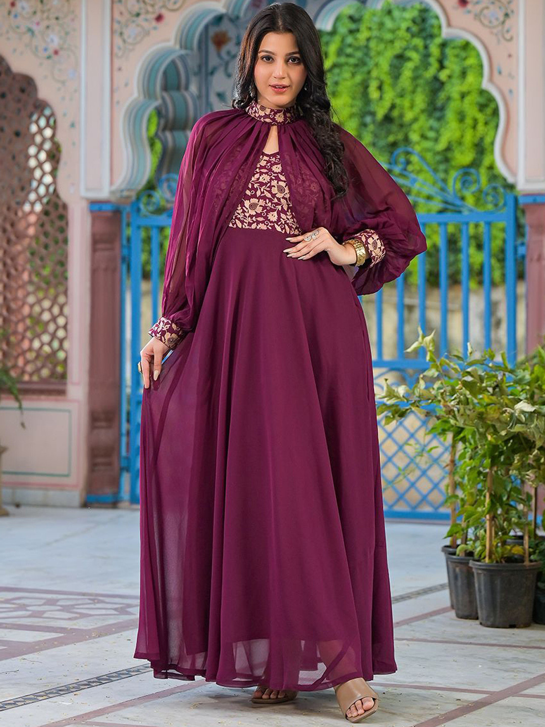 AKS Couture Women Shoulder Straps Embellished Ethnic Maxi Dresses With Jacket