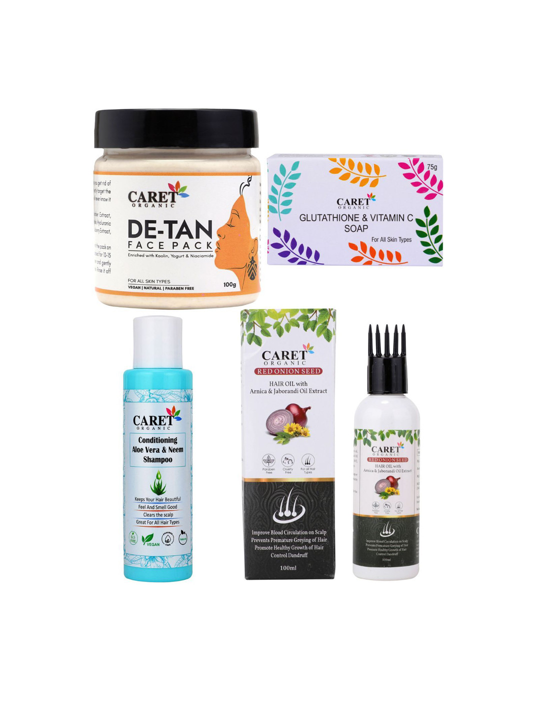 CARET ORGANIC Set of 4 Face Pack, Glutathione Soap, Onion Hair Oil & Aloevera Neem Shampoo