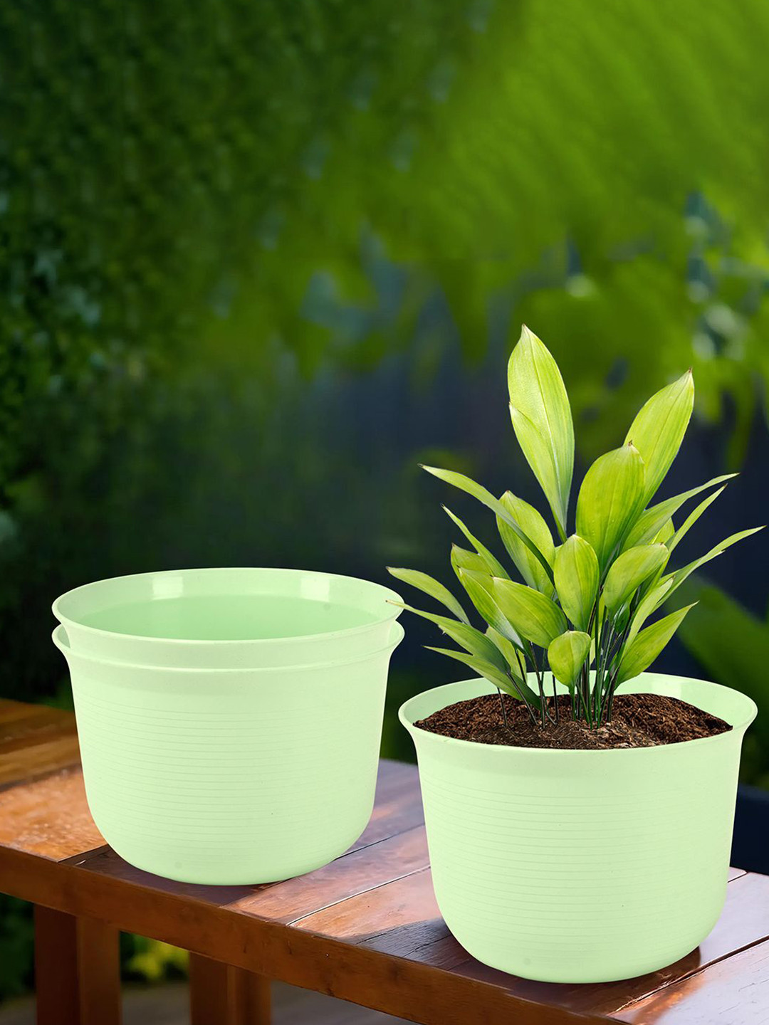 Kuber Industries Sawera Green 3 Pieces Textured Planters With Plates