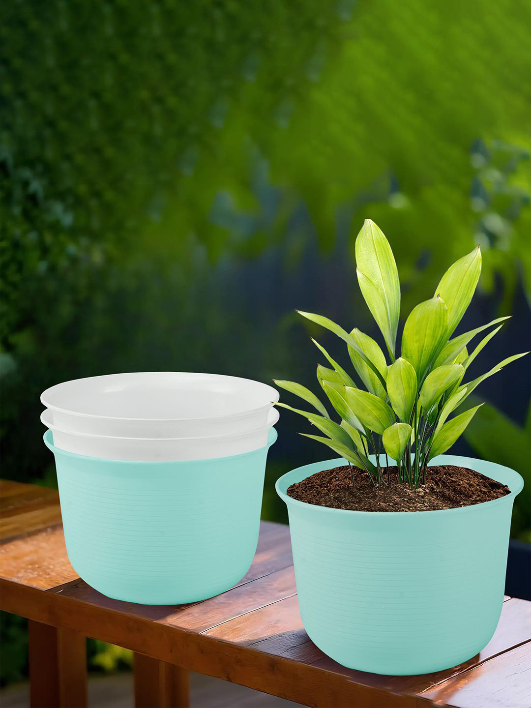 Kuber Industries Sky Blue & White 4 Pieces Sawera Flower Pots With Plates