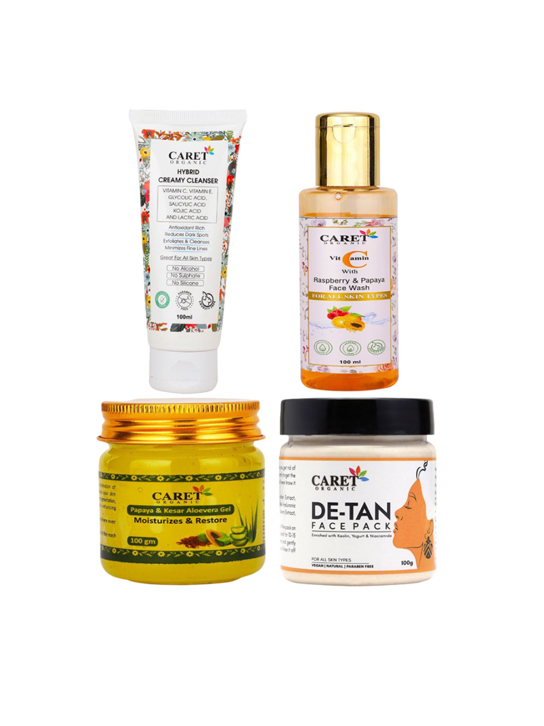 CARET ORGANIC Set of 4 Hybrid Face Wash, De-Tan Face Pack, Vitamin C Wash & Papaya Gel