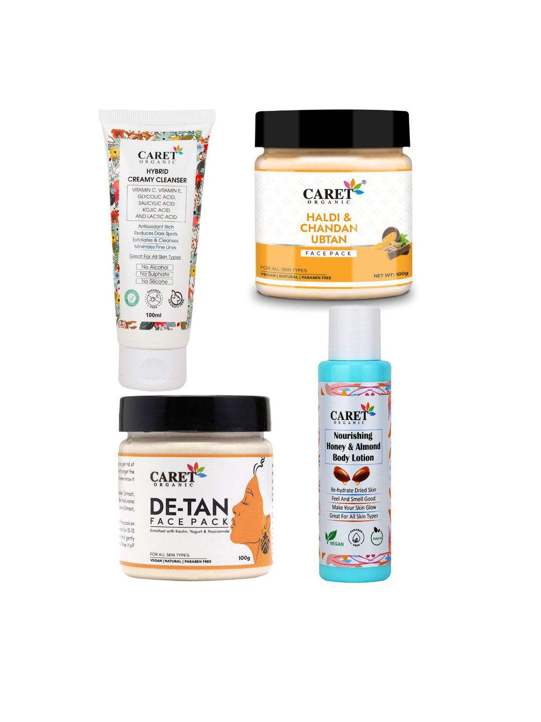 CARET ORGANIC Set Of 4 De-Tan Pack, Haldi & Chandan Pack, Hybrid Cleanser & Almond Lotion