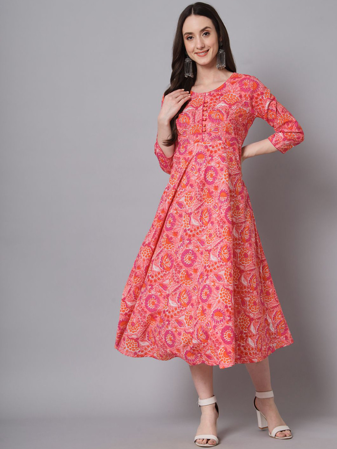 Anouk Pink and orange Round Neck Floral Printed Fit and Flare Cotton Ethnic Dress