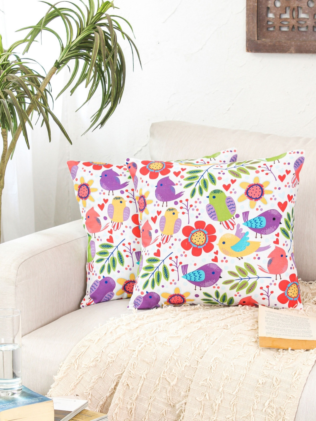 HOMPRIN White & Pink 2 Pieces Flower Birds Cotton Square Cushion Covers