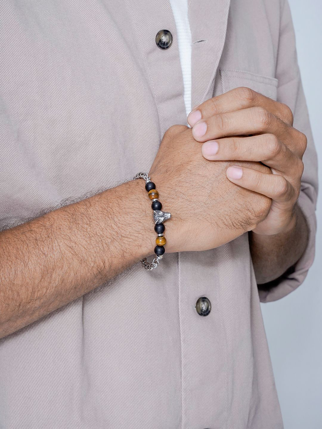 SWASHAA Men Silver-Plated Stainless Steel Agate Beaded Wraparound Brucel Bracelet