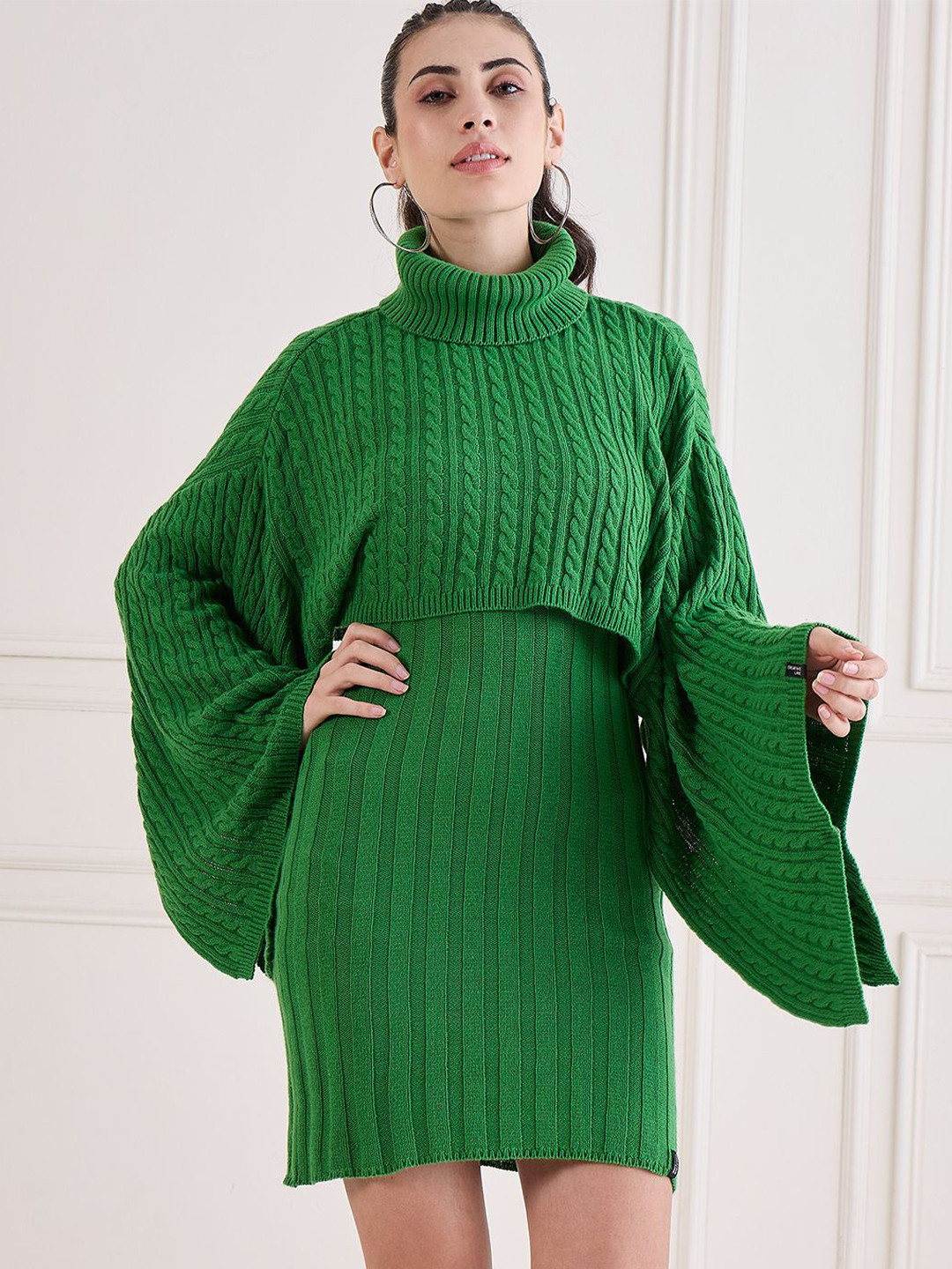 CREATIVE LINE Women Self Design Flared Sleeve Woollen Fit & Flare Dress