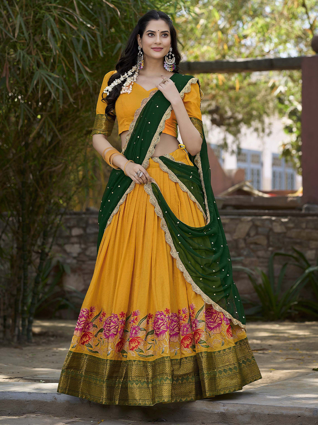 LOOKNBOOK ART Woven Design Silk Ready to Wear Lehenga & Unstitched Blouse With Dupatta