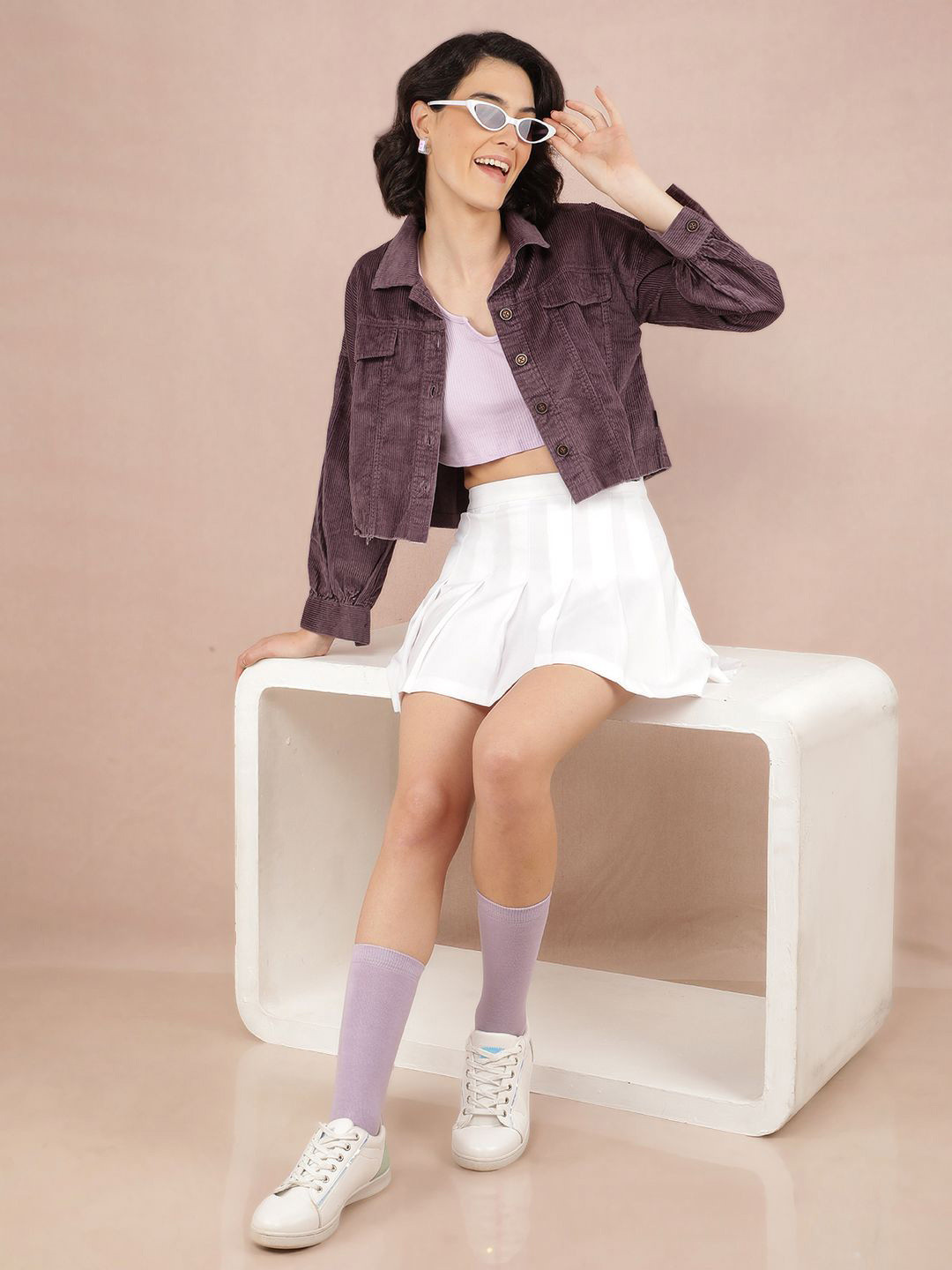 Crimsoune Club Women's Purple Cropped Corduroy Shacket