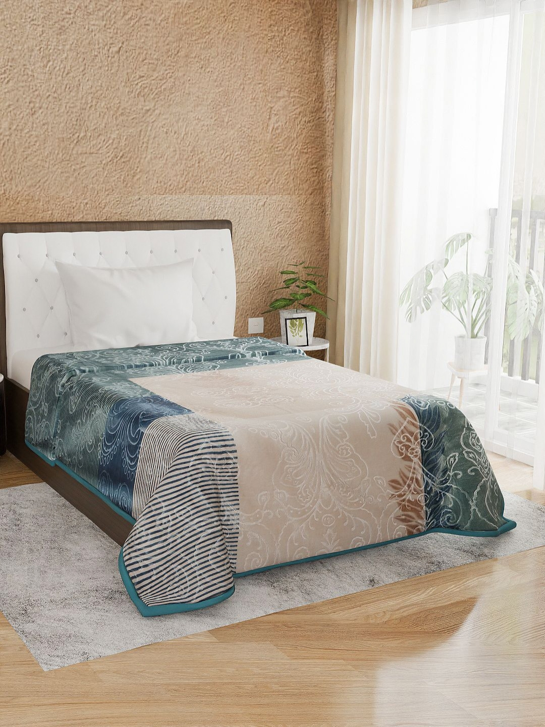 Nivasam Brezza Blue & Beige Floral Printed 1000 GSM Mink Heavy Winter Single Bed Blanket