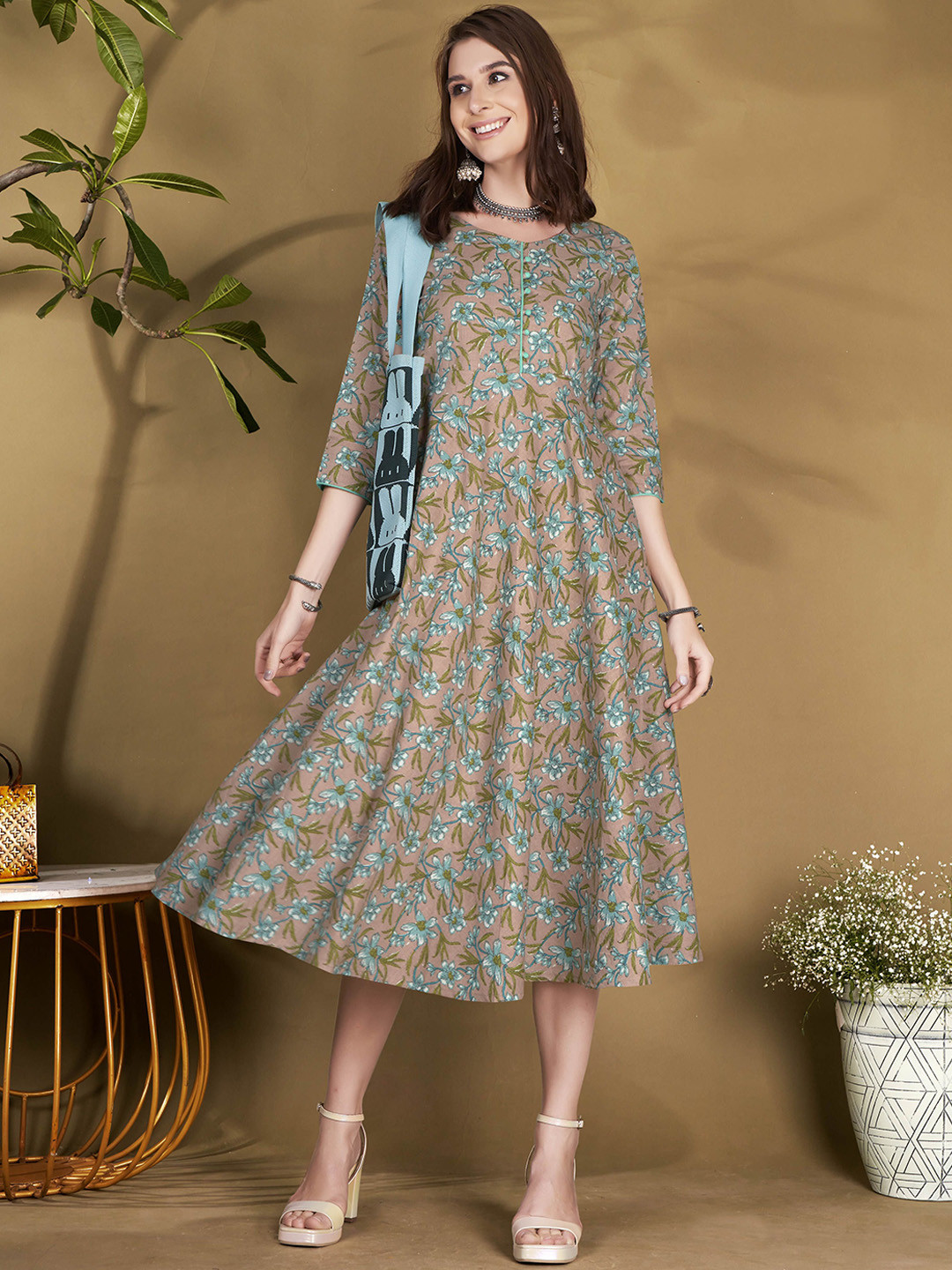 Anouk Beige and blue Floral Printed Fit and Flare Cotton Ethnic Dress