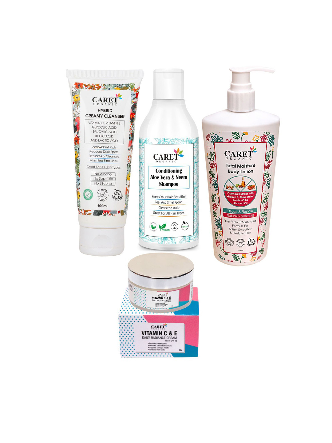 CARET ORGANIC Set of 4 Hybrid Face Wash, Neem Shampoo, Body Lotion & Daily Radiance Cream