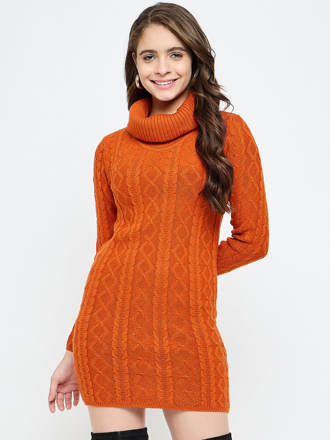 CREATIVE LINE Woollen High Neck Long Sleeves Jumper Mini Dress