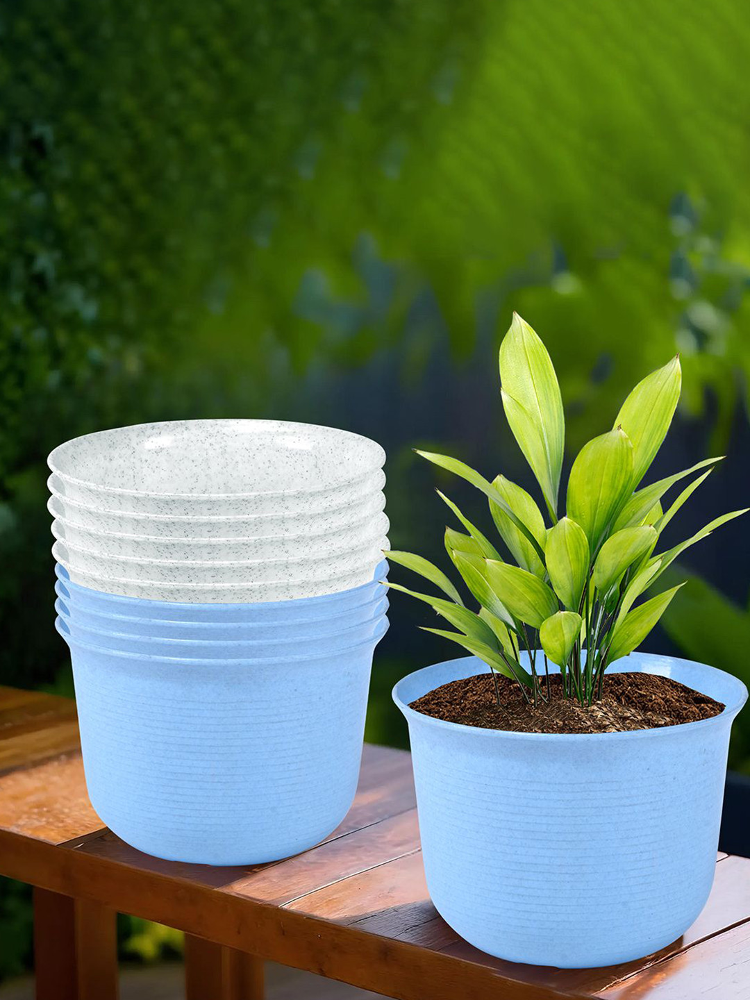 Kuber Industries White & Blue 10 Pieces Marble Sawera Flower Pot With Plate