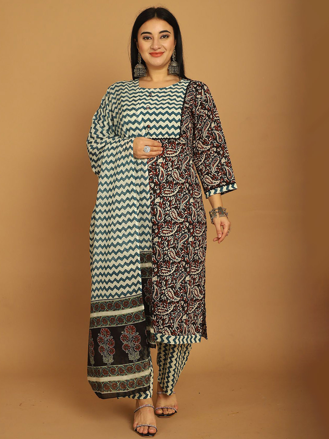 Rajnandini Paisley Jaipuri Printed Gotta Patti Pure Cotton Kurta with Trousers & Dupatta