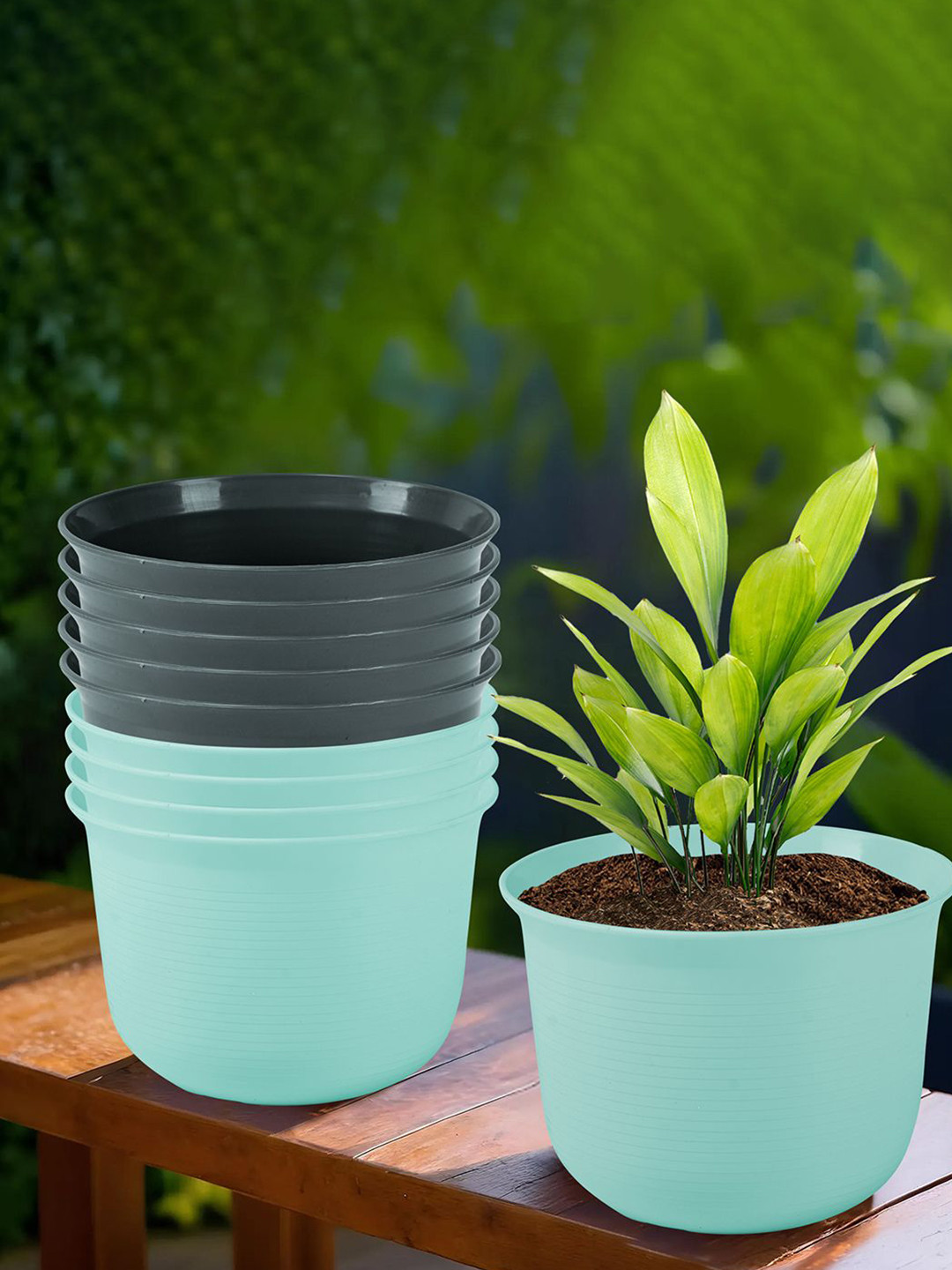 Kuber Industries Blue & Grey 10 Pieces Textured Planters With Plate